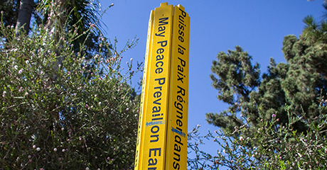 Beautiful yellow Peace Pole at Balboa Park – San Diego, California – USA