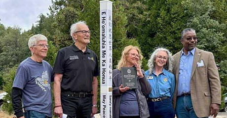 Peace Pole dedicated to Promote Unity and Harmony, Arrowhead Ridge, New Mexico, USA